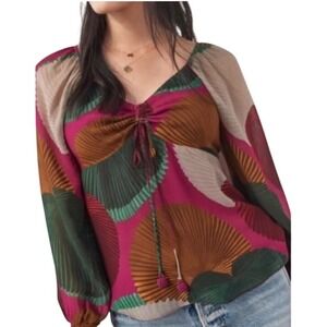 NWT Farm Rio for Anthropologie XS Cleophee Blouse Fan Print Long Sleeve Top